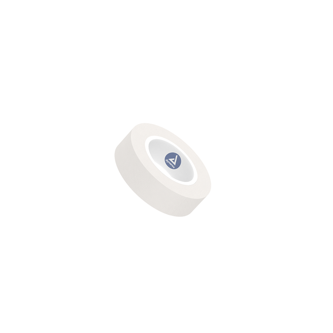 A single roll of Dynarex Paper Surgical Tape, white with a blue circular center label featuring a white triangle logo, is shown on a plain white background.